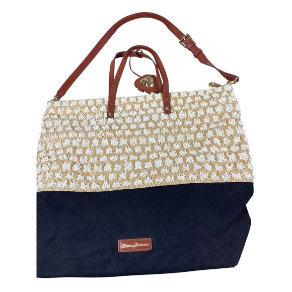 Tommy Bahama Tan Black Woven Tote Bag Brown Strap Large Shoulder Purse Beachy - Picture 8 of 16